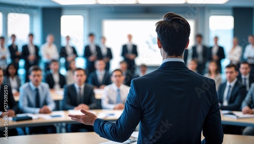 Confident businessman giving a presentation in front of crowd in meeting conference seminar room. Leadership authority teamwork in business concept