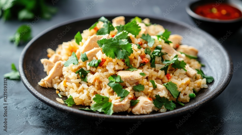 A plate of fragrant chicken rice with tender boiled chicken, garnished with cilantro and served with a side of chili sauce.