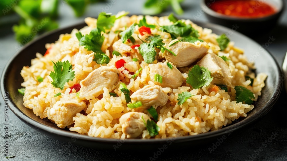 A plate of fragrant chicken rice with tender boiled chicken, garnished with cilantro and served with a side of chili sauce.