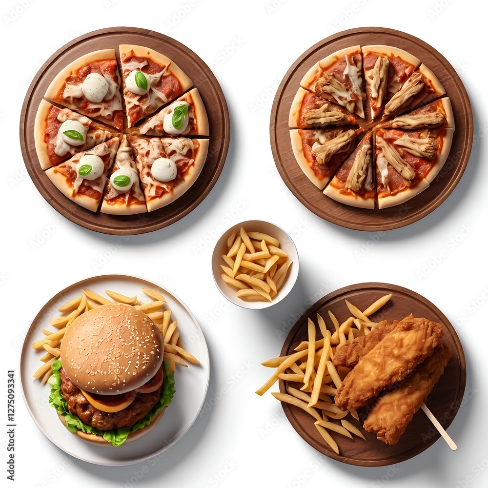 Pizza, Burger, Fries, and Fish Sticks - Delicious Fast Food Platter Pizza, Burger, Fries, and Fish Sticks - Delicious Fast Food Platter