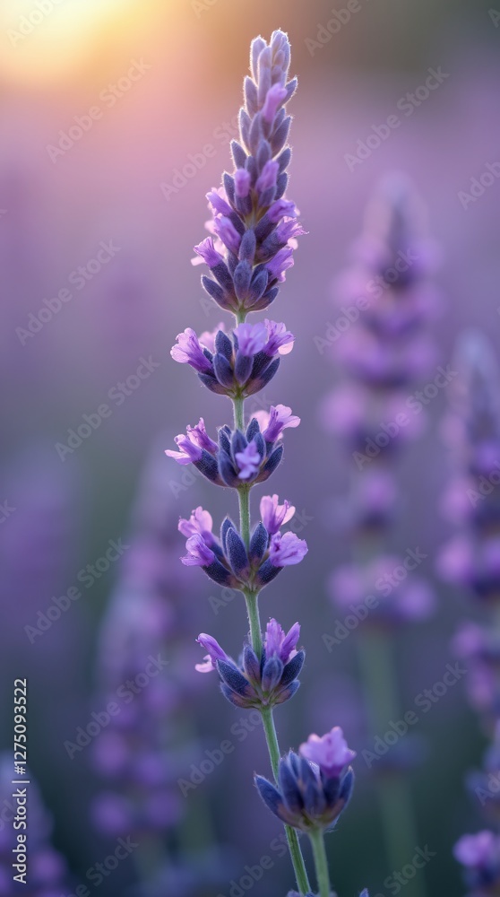 A close-up of a lavender sprig with small purple flowers A close-up of a lavender sprig with small purple flowers