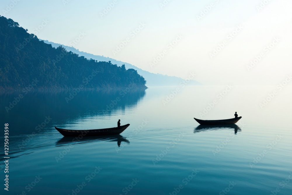 Two people on boats sailing on a lake by a mountain. Editorial use Two people on boats sailing on a lake by a mountain. Editorial use