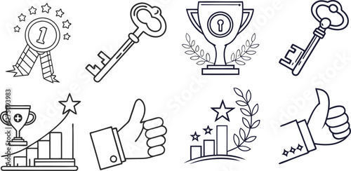 Success, award, growth, win, thumbs up, key editable stroke outline icons set isolated on white background flat vector illustration.
