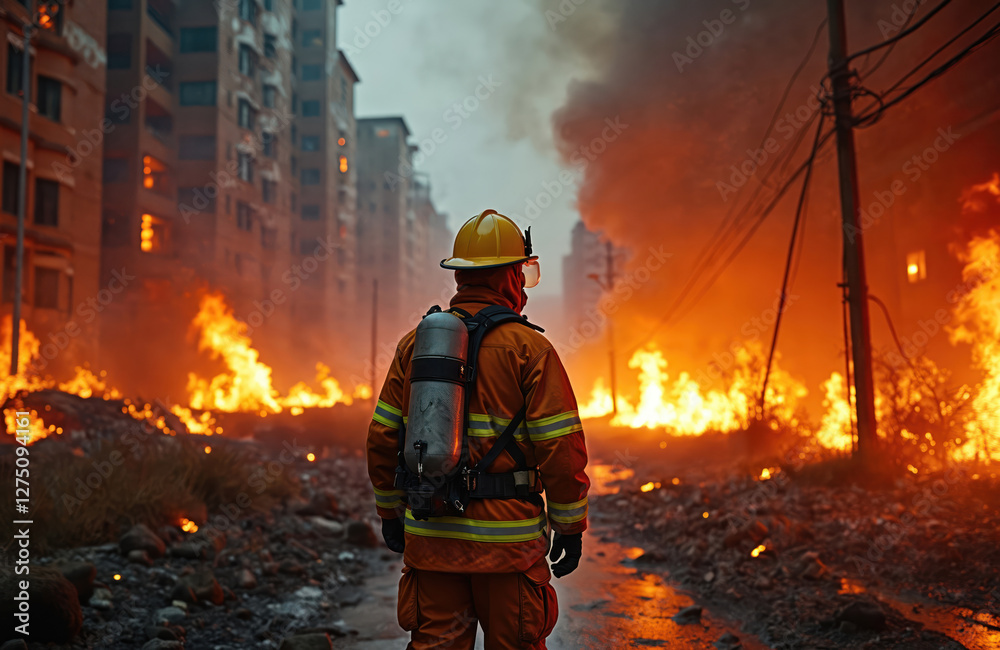 Naklejka premium Back view of firefighter in fire protective suit in burning city. Man stands alone amid fire flames, smoke, disaster. Hero faces emergency, rescue operation. Job, profession, occupation.