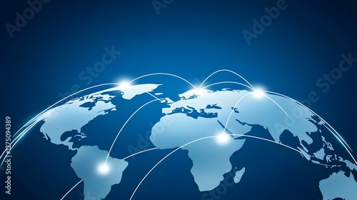 The image shows a stylized world map on a dark blue background with glowing lines connecting different points on the map, representing global connections or networks.A stylized world map with illumin