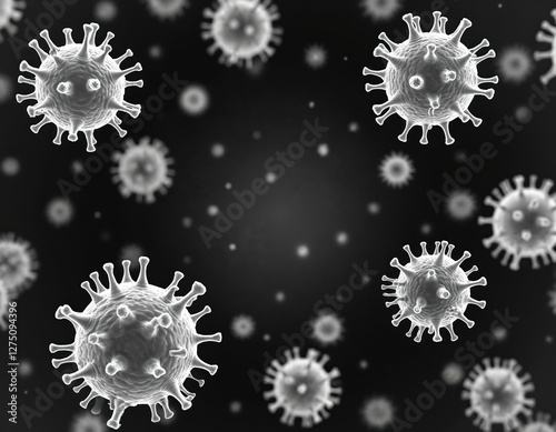 Microscopic illustration of H5N1 avian flu virus. Transmission electron microscope view of coronavirus pathogen virion cell with surface glycoprotein spikes. Viral infectious disease, covid biology photo