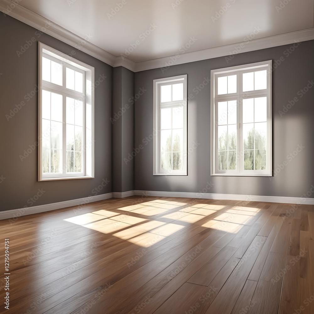 Fototapeta premium Empty Room with Hardwood Floor and Large Windows