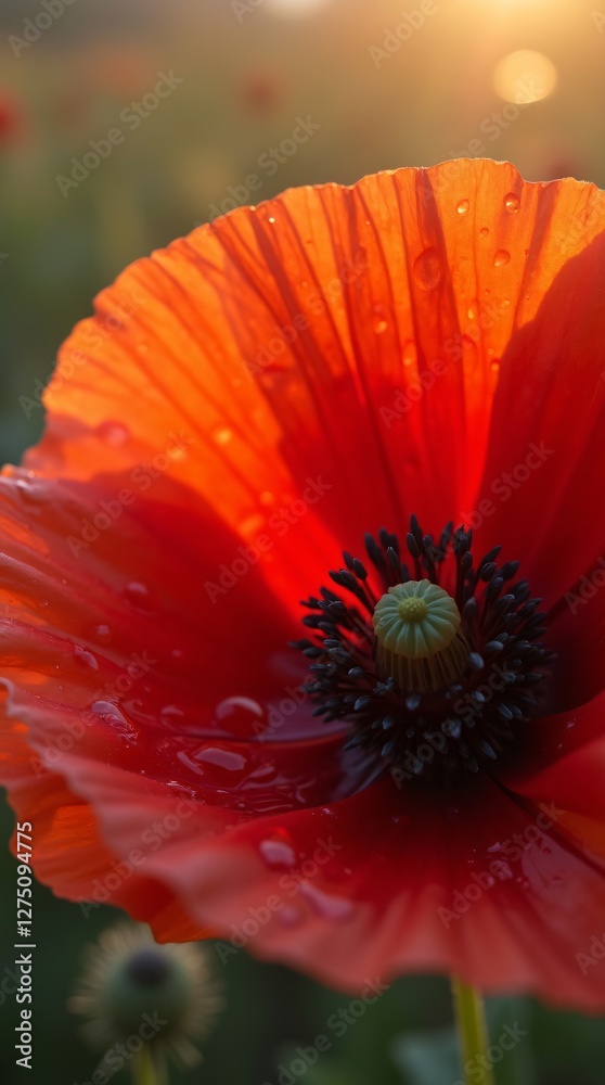 A close-up of a poppy with bright red petals illuminated by soft morning light A close-up of a poppy with bright red petals illuminated by soft morning light