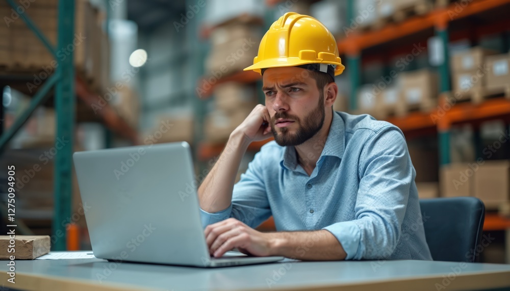 Concerned worker in hard hat uses laptop in warehouse. Man looks at computer screen with worry, stress. Employee works at desk, thinks about problem, challenge. Workplace, job, occupation photo. Concerned worker in hard hat uses laptop in warehouse. Man looks at computer screen with worry, stress. Employee works at desk, thinks about problem, challenge. Workplace, job, occupation photo.