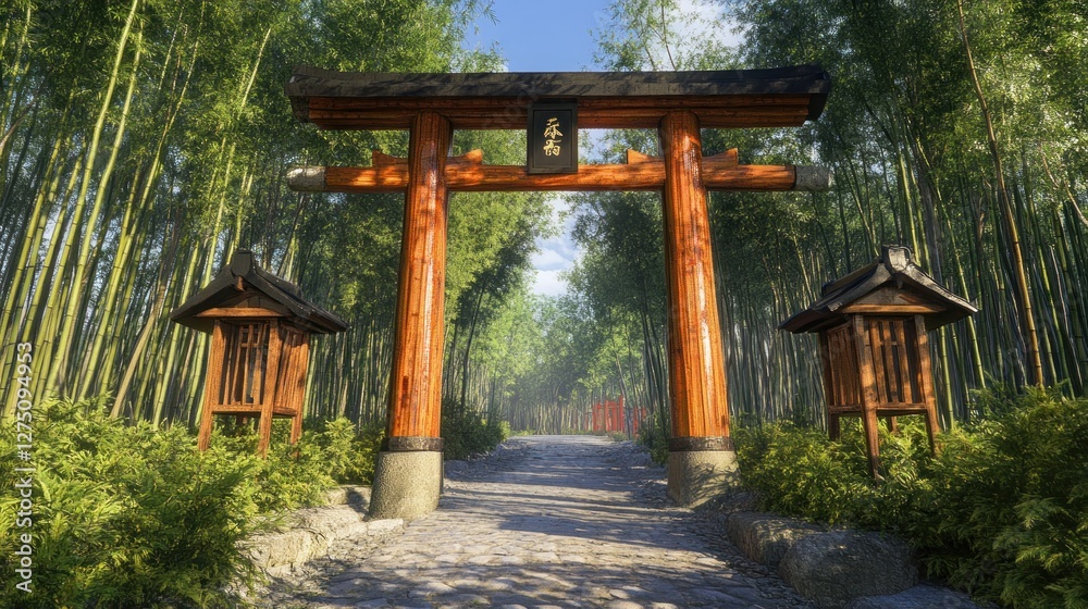 Serene Bamboo Forest Path: A Japanese Torii Gate Leads to Tranquility Serene Bamboo Forest Path: A Japanese Torii Gate Leads to Tranquility