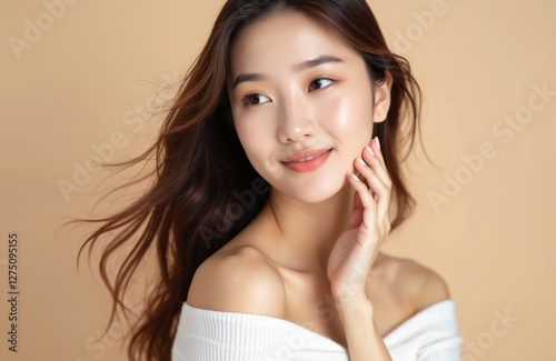 Beautiful young asian woman with clean fresh skin touches face on beige background. Girl with perfect makeup, natural look, healthy complexion. Spa cosmetology treatment, beauty, rejuvenation concept.