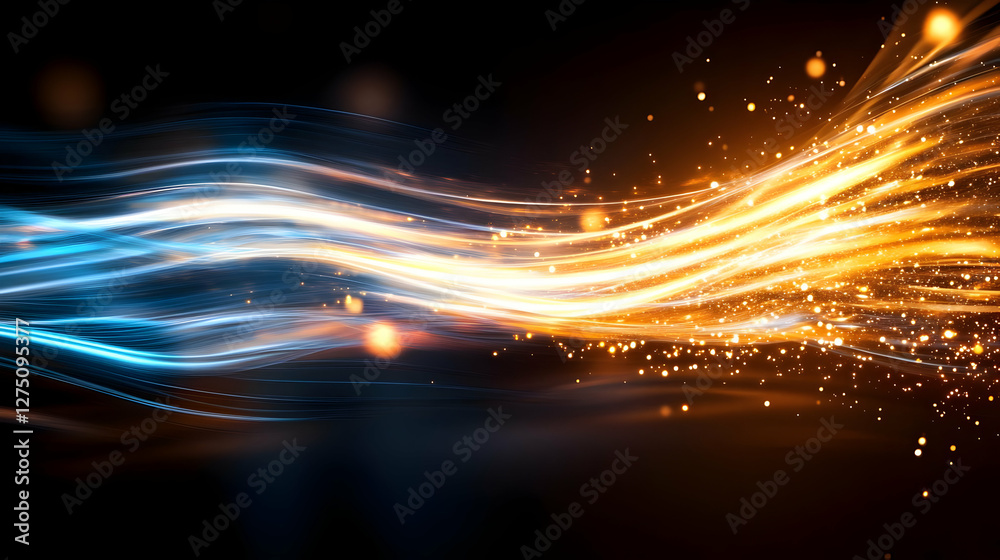 Obraz premium Abstract light trails in blue and orange colors create a vibrant, dynamic background perfect for design and digital projects.