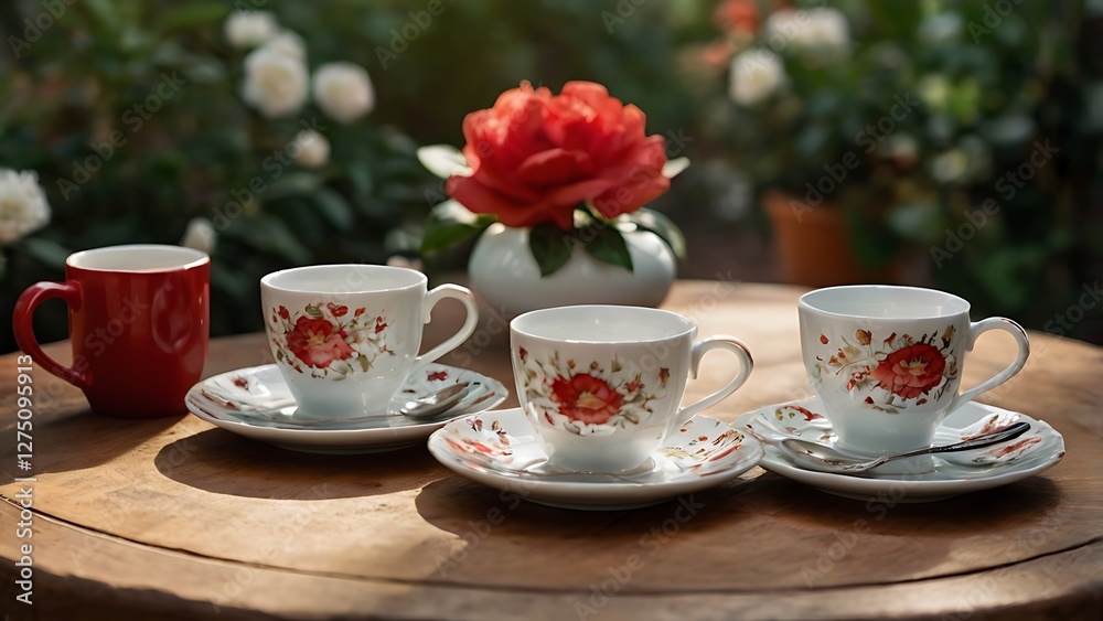 Fototapeta premium Coffee and tea cups with flowers on a table