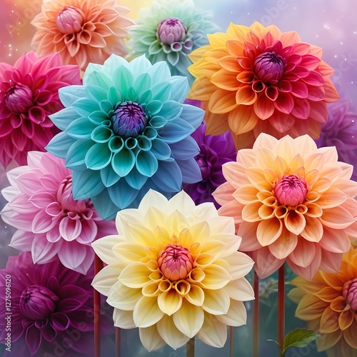 Rainbow Dahlia Blooms