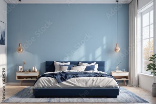 Cozy blue bedroom interior with a bed and elegant furniture photo