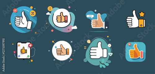 Icons sets collection of colorful thumbs up icons with different designs and colors, representing approval and likes, set against a light background