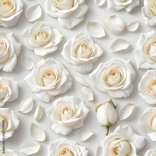 White Roses and Petals on White Background