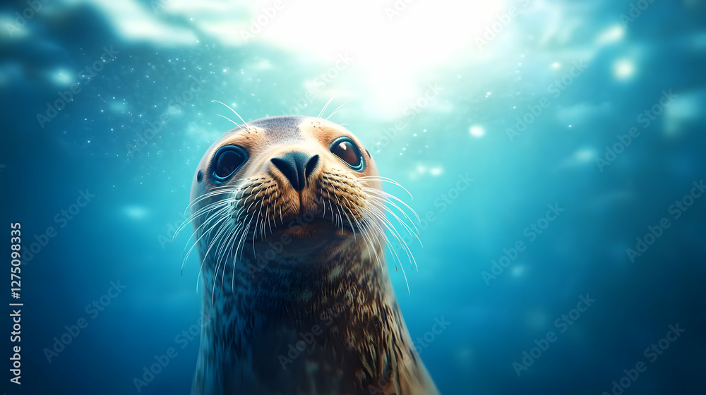 A close-up of a curious seal underwater, showcasing its playful nature and beautiful aquatic surroundings. A close-up of a curious seal underwater, showcasing its playful nature and beautiful aquatic surroundings.