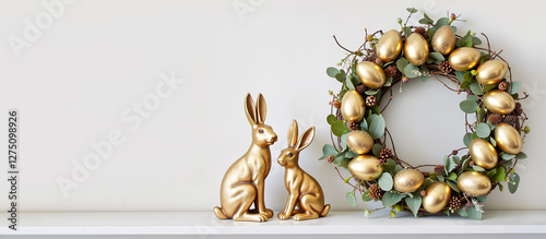 Easter mantel decoration with wreath with golden vintage Easter eggs and goldenrabbit figurines with space for text photo