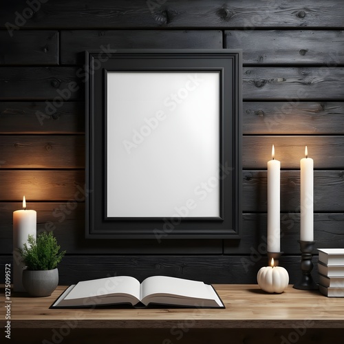 Blank Frame Mockup with Candles and Open Book on Wooden Table