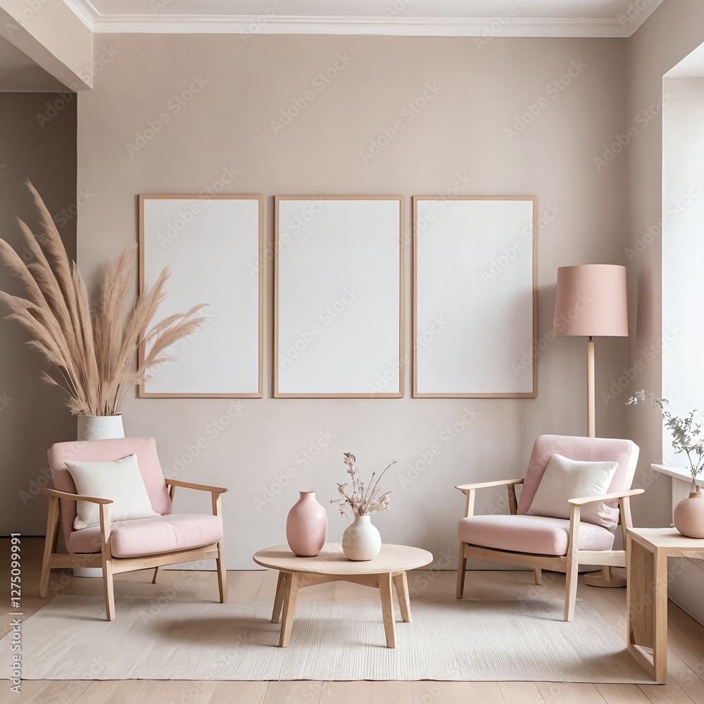 Fototapeta premium Modern Minimalist Living Room Interior with Pink Armchairs and Blank Frames
