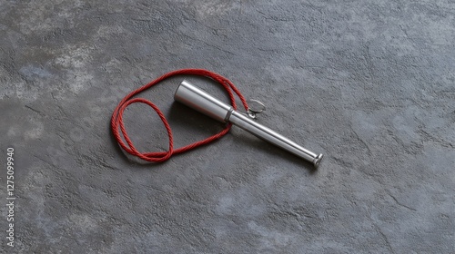 27.Minimalist photo of a single silver whistle with a neatly coiled red cord, placed on a smooth grey surface with ample negative space. photo