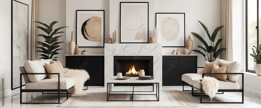 Obraz premium Modern Minimalist Living Room Interior with Fireplace