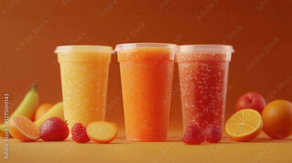 Fototapeta premium Colorful fruit smoothies in cups surrounded by fresh fruits on a vibrant orange background