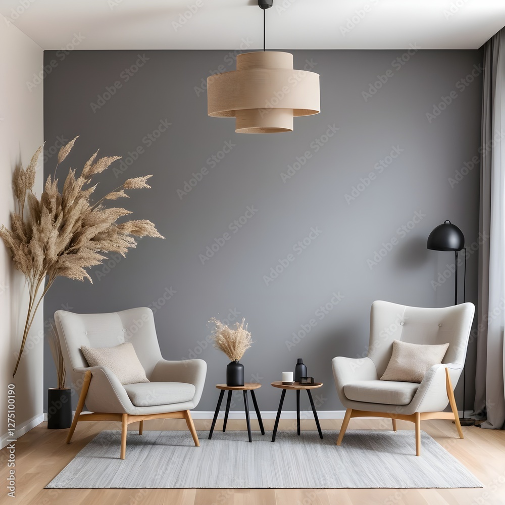 Fototapeta premium Modern Living Room Interior with Beige Armchairs and Gray Walls