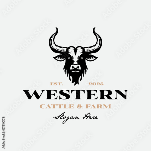 Western Bull Cow Buffalo Longhorn Logo Design.silhouette bull for Ranch Farm Livestock logo design