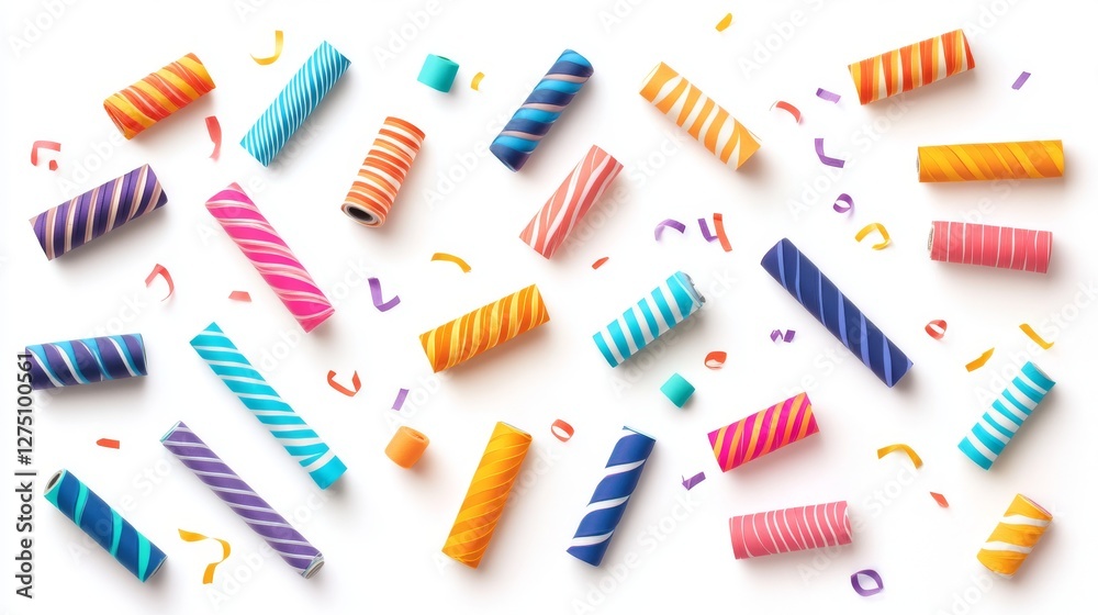 38.Detailed flat illustration of a collection of party blowers in vibrant colors, featuring rolled and unrolled shapes with striped patterns, isolated on a white background. 38.Detailed flat illustration of a collection of party blowers in vibrant colors, featuring rolled and unrolled shapes with striped patterns, isolated on a white background.