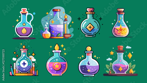 Icons sets collection of colorful potion bottles with various designs, including stars and moons, set against a green background, showcasing vibrant and whimsical fantasy elements