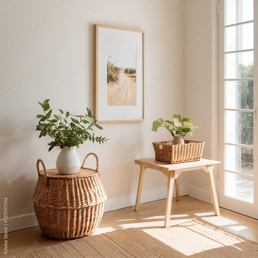 Fototapeta premium Sunny Corner with Plants and Wicker Baskets in a Minimalist Interior