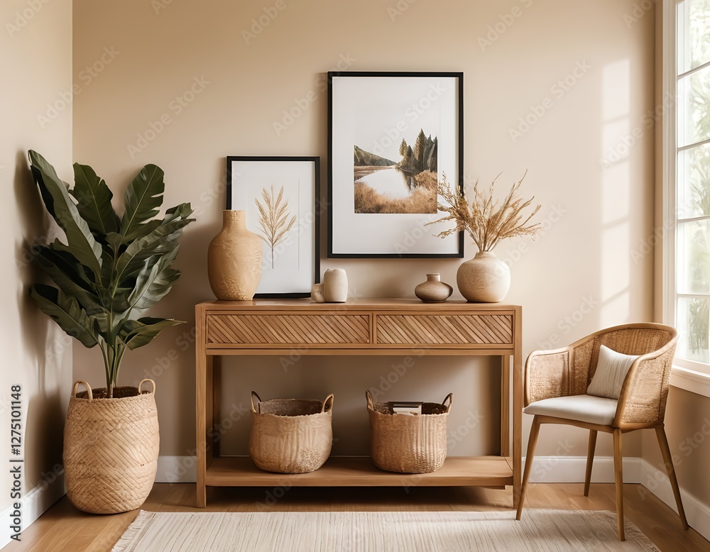 Fototapeta premium Modern Minimalist Living Room Interior with Natural Elements