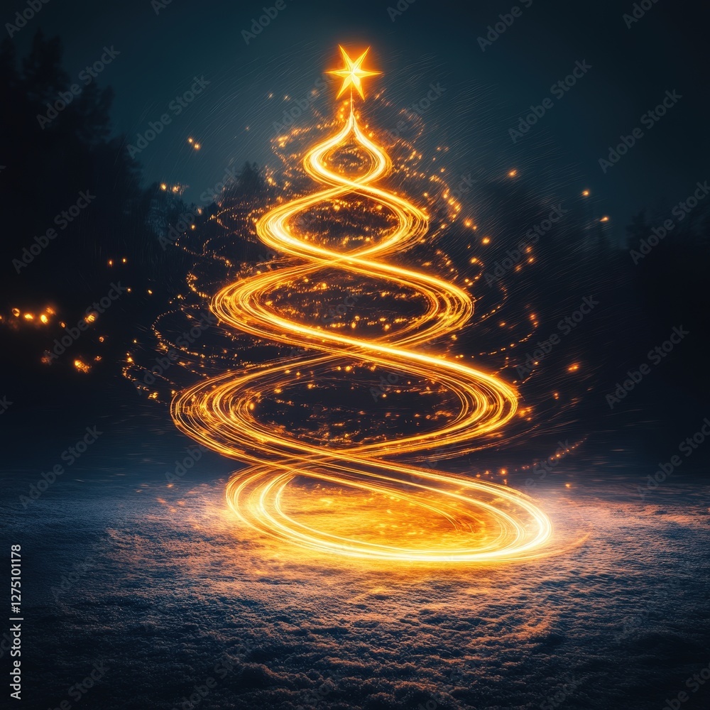 Obraz premium Glowing spiral Christmas tree in snowy forest; holiday card