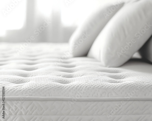 Close-up of a white mattress and pillow. 