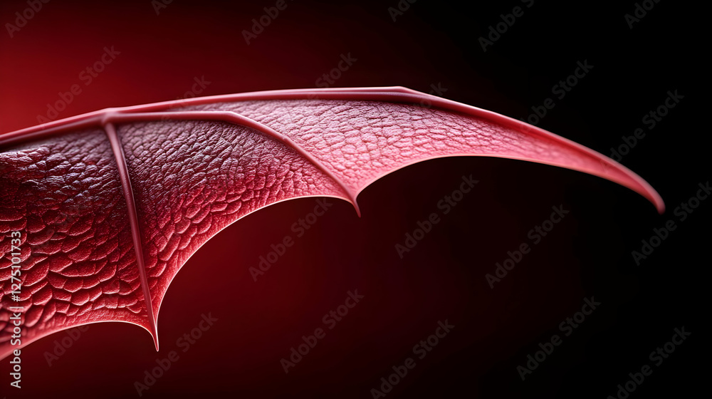 Obraz premium A close-up view of a detailed red dragon wing, showcasing intricate textures and patterns against a dark background.