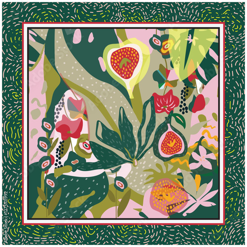 A vibrant, square scarf illustration displaying lush tropical plants and fruits, presenting a cheerful and vibrant aesthetic, bordered by a patterned frame in bold colors.
