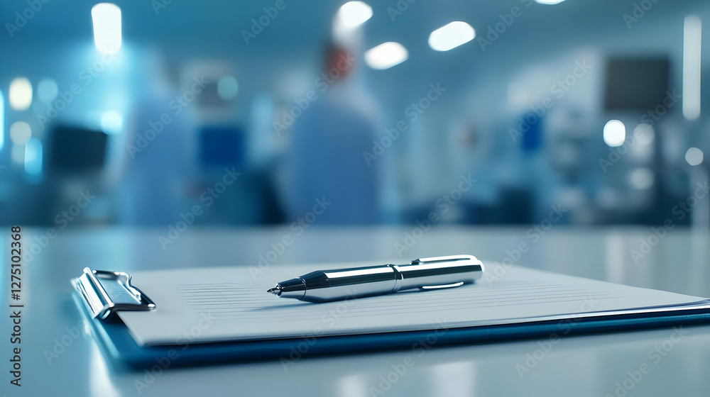 Naklejka premium A close-up view of a pen on a clipboard in a laboratory setting, conveying a sense of research and scientific inquiry.