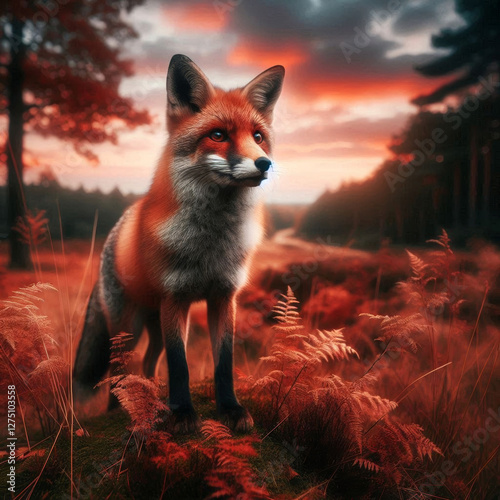 A fox standing in a natural forest during autumn, surrounded by colorful fall foliage, with the evening sky casting a warm, golden glow over the peaceful landscape