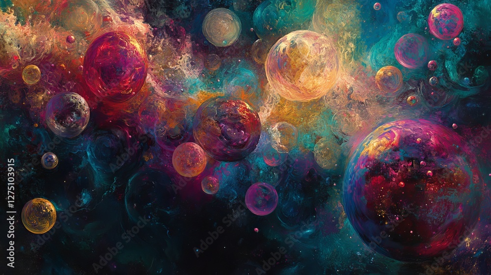 93.Artistic composition of large and small translucent bubbles, each shimmering with vibrant spectral colors, softly illuminated against a dark background. 93.Artistic composition of large and small translucent bubbles, each shimmering with vibrant spectral colors, softly illuminated against a dark background.