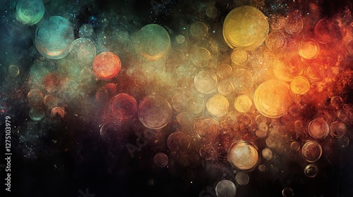 93.Artistic composition of large and small translucent bubbles, each shimmering with vibrant spectral colors, softly illuminated against a dark background.