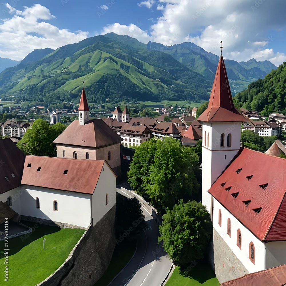 Obraz premium Panoramic View of Alpine Village with Churches and Mountains