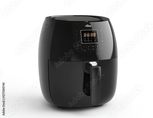 Modern black air fryer with digital display on white background photo