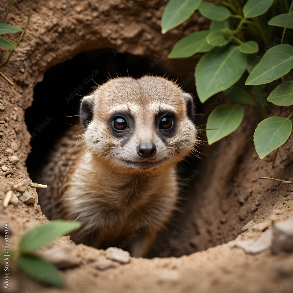 Obraz premium Curious Meerkat Peeking from Burrow