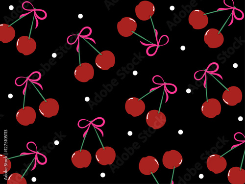 レトロなさくらんぼ背景、黒に白いドット