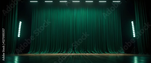 Dark Green Stage Curtain with Lighting