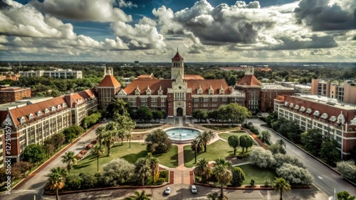 Aerial drone photography captures Florida State University's sprawling Tallahassee campus, a breathtaking college panorama.
