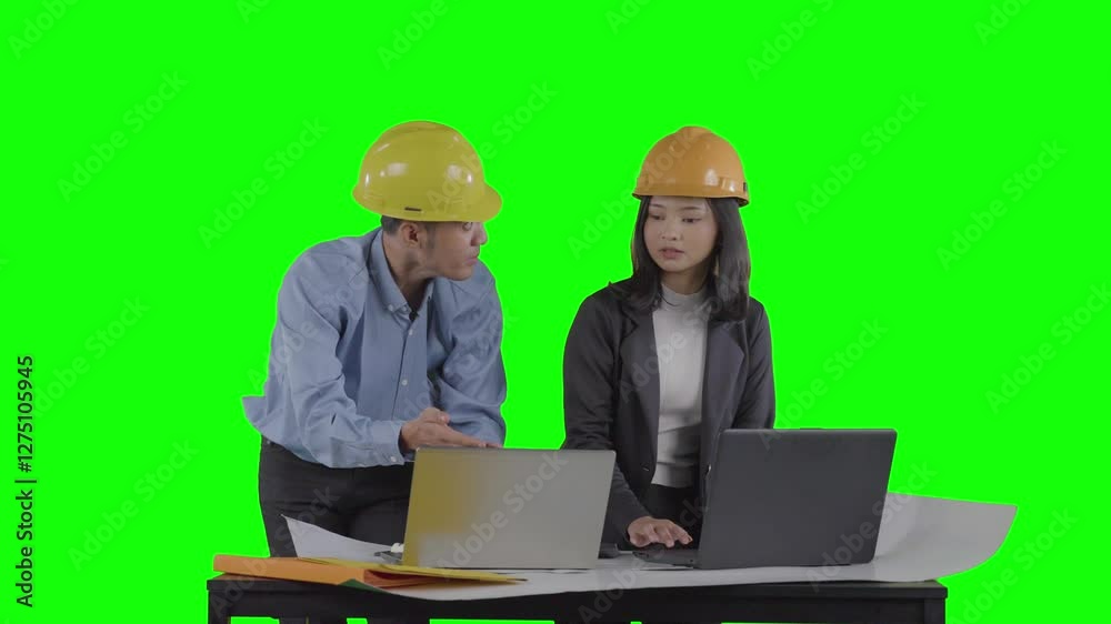 Engineers Analyzing Project Plans on Laptops with Green Screen Background Engineers Analyzing Project Plans on Laptops with Green Screen Background