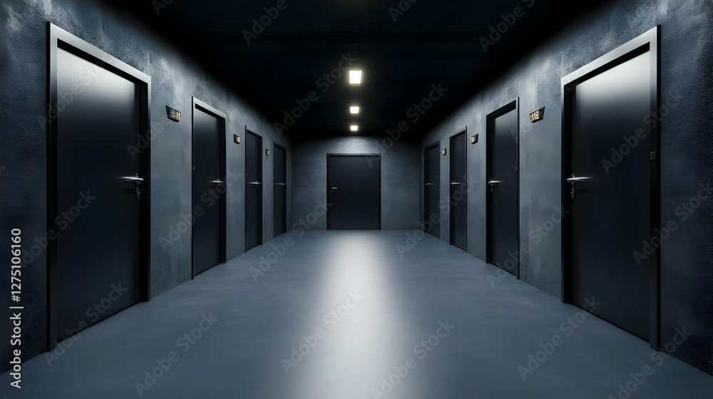 Fototapeta premium A dimly lit hallway featuring multiple closed doors, creating a sense of mystery and intrigue in a modern architectural setting.
